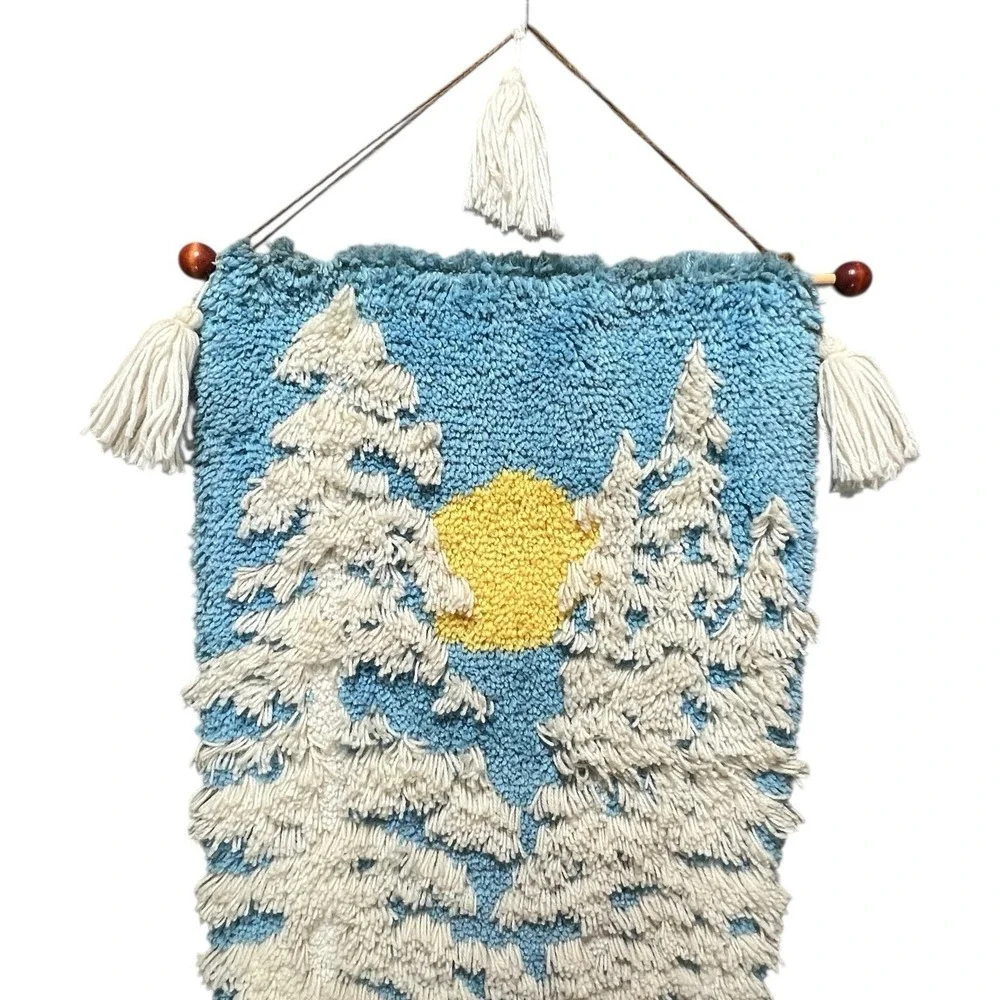 Large 6' MCM 70s‎ 3D Shag Latch Hook Wall Hanging Sun Trees Landscape Snow Retro